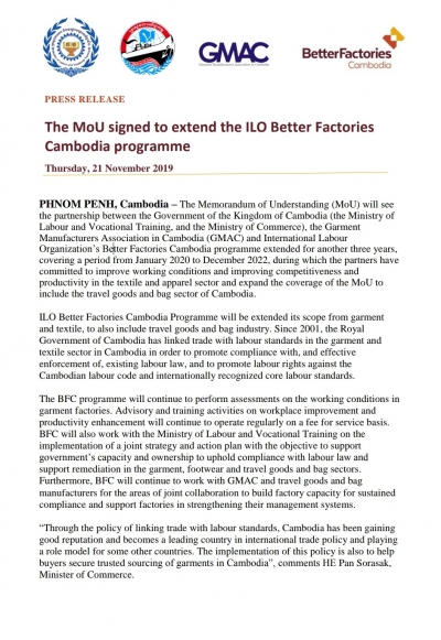 Press Release The MoU signed to extend the ILO Better Factories Cambodia programme