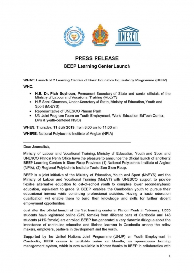 Press release BEEP Learning Center Launch