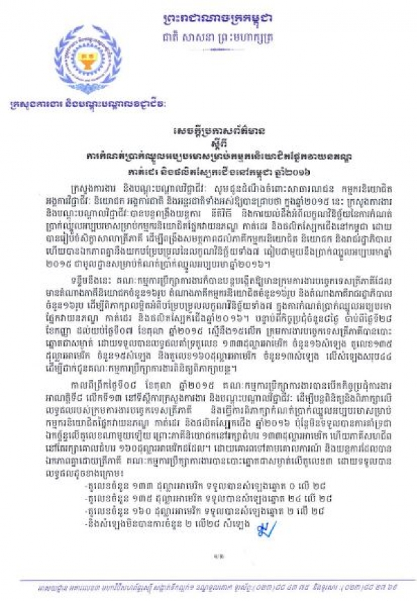 សេចក្ដី​ប្រកាស​​ព័ត៌មាន​ ស្ដីពី​ការ​កំណត់​ប្រាក់​ឈ្នួល​អប្បបរមាសម្រាប់​កម្មករ​និយោ​ជិត​ផ្នែក​វាយ​នណ្ឌ និងផលិត​ស្បែក​ជើង​សម្រាប់ឆ្នាំ២០១៦