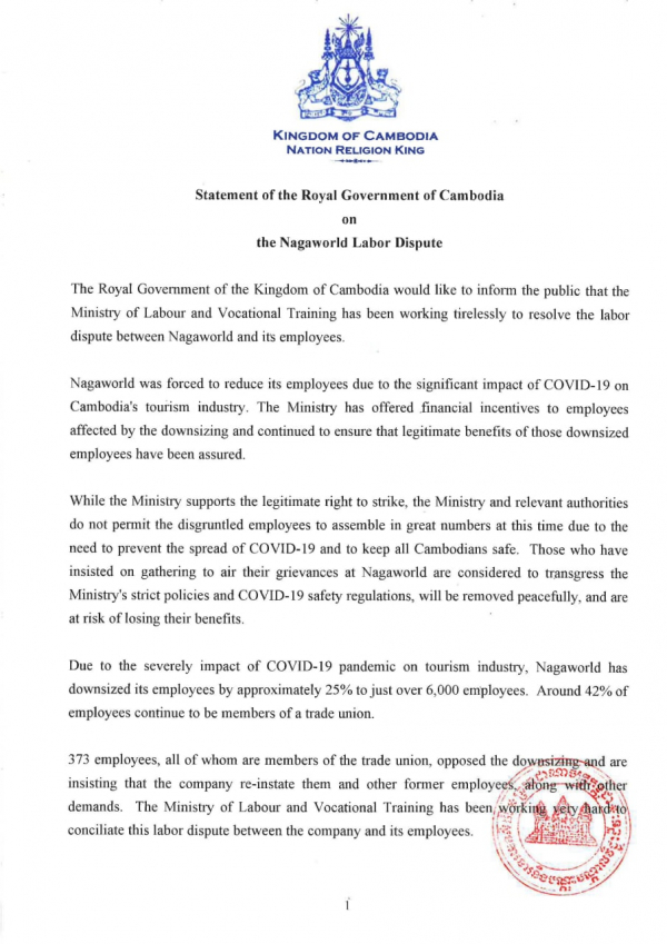 Startement of the Royal Government of the Cambodia on the Nagaworld Labor Dispute