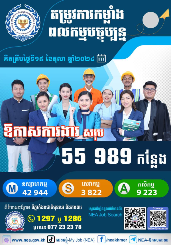 កំពុងស្វែងរកការងារមែនទេ? គិតត្រឹមថ្ងៃទី ១៨ ខែតុលា​ ឆ្នាំ២០២៤នេះ យើងមានការងាររហូតដល់ទៅចំនួន ៥៥ ៩៨៩ កន្លែង កំពុងរង់ចាំអ្នក!