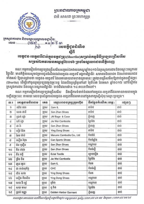 សេចក្ដីជូនដំណឹង ស្ដីពីបេក្ខជន-បេក្ខនារី ជាប់ក្នុងវគ្គជម្រុះ(Shortlist) សម្រាប់កម្មវិធីប្រឡងជ្រើសរើសសម្រស់ឯកវាយនភណ្ឌឆ្នាំ២០១៦