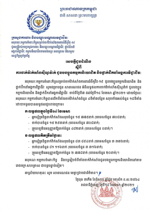សេចក្តីជូនដំណឹង ស្តីពីការចាក់វ៉ាក់សាំងស៊ីណូវ៉ាក់ ជូនបងប្អូនកម្មករនិយោជិត និងថ្នាក់ដឹកនាំអង្គការវិជ្ជាជីវៈ
