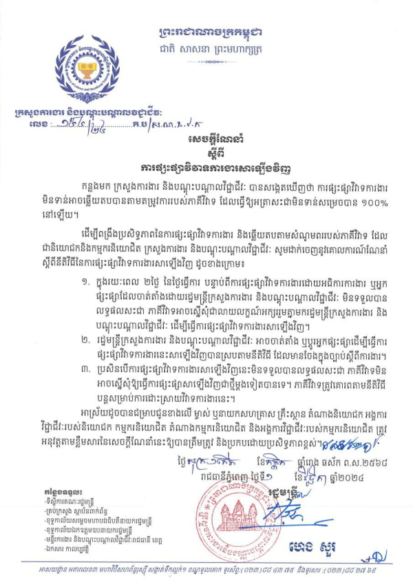 សេចក្តីណែនាំ លេខ១៥៤/២៤ ស្តីពី ការផ្សះផ្សាវិវាទការងារសាឡើងវិញ